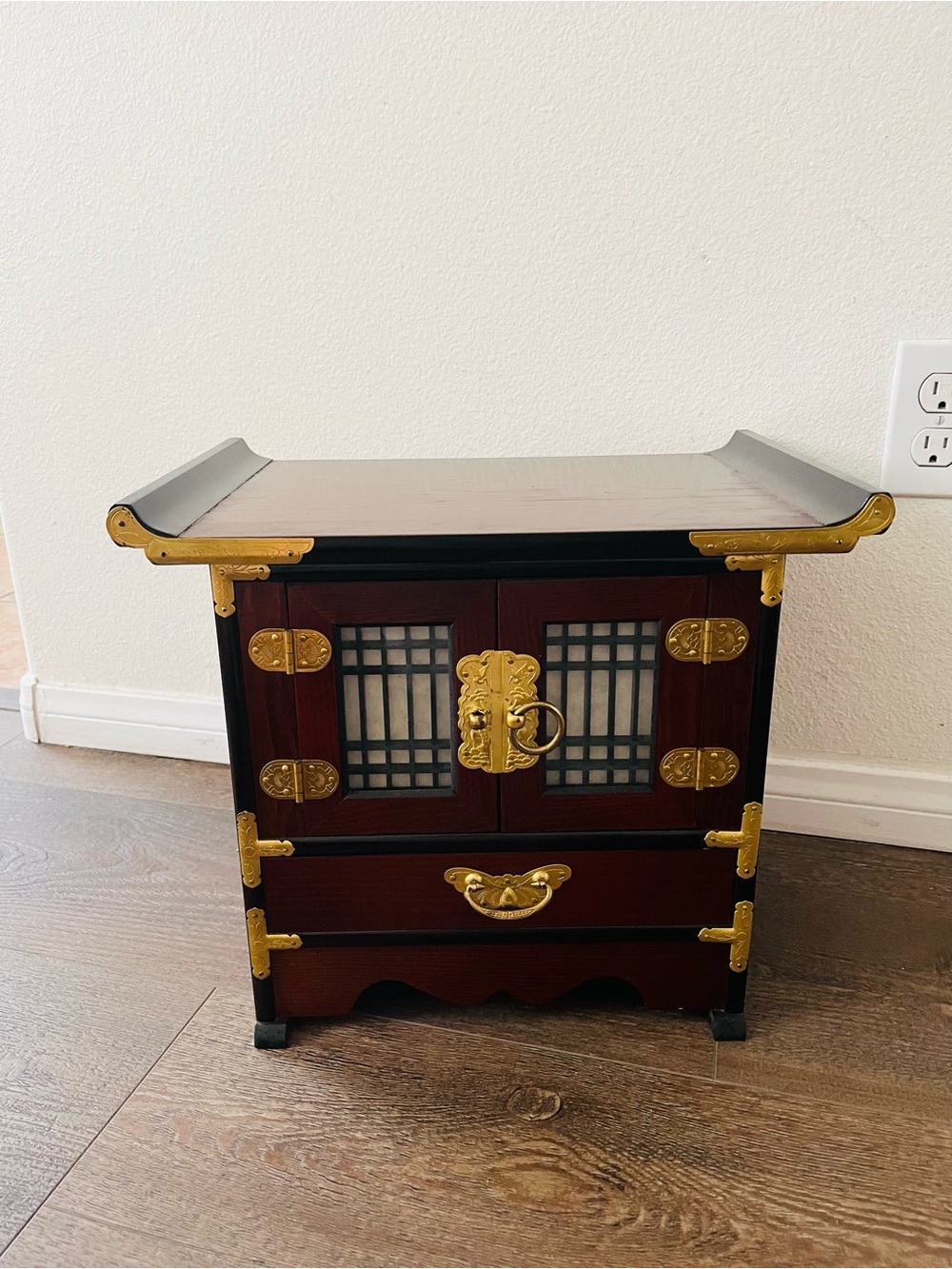 Oriental Style Black and Brown Storage Cabinet with Gold Hardware from Korea